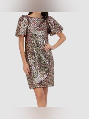 Eliza J Multicolor Sequin Puff-Sleeve Sheath Dress